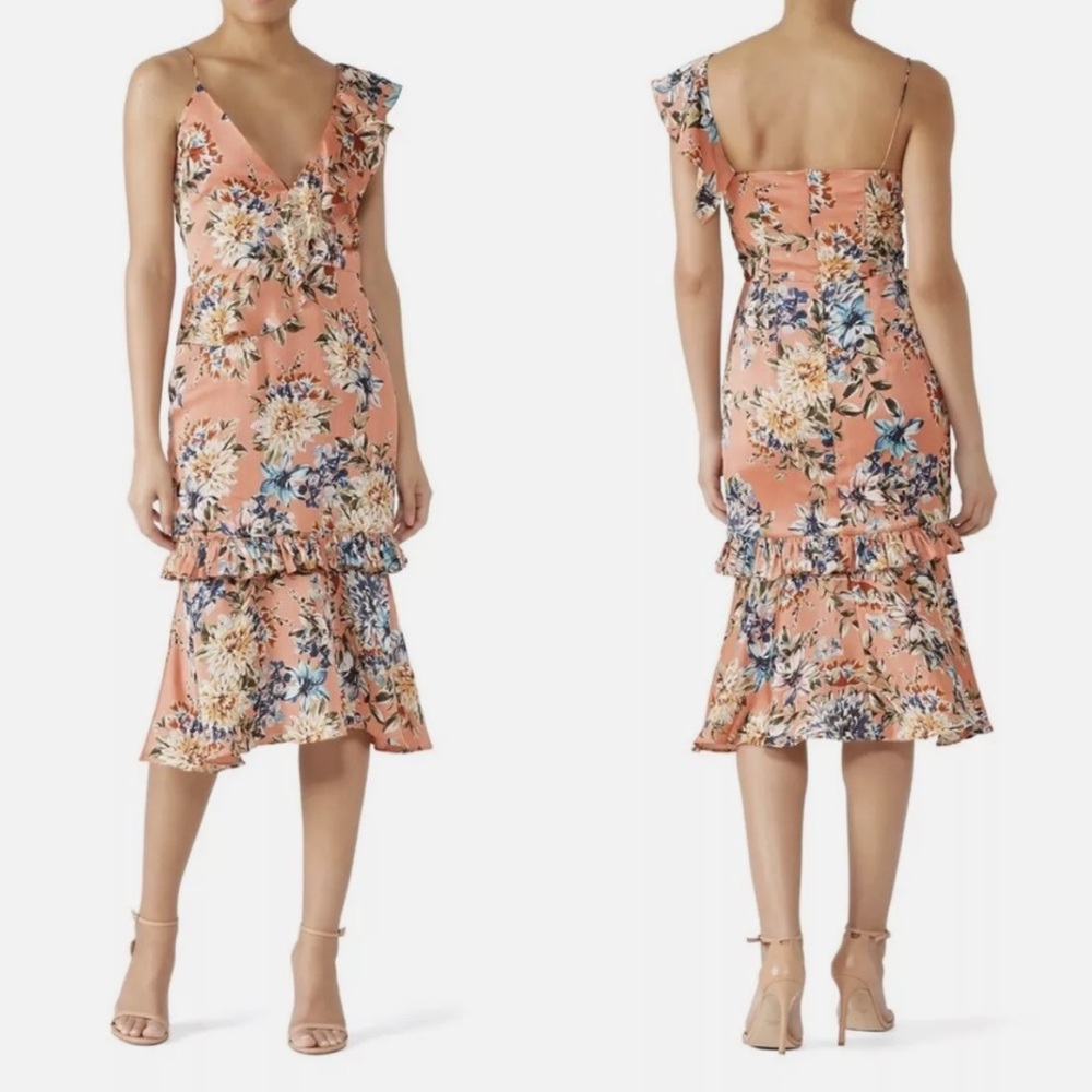 VONE Yuli Floral Asymmetric Cocktail Midi Dress NWT